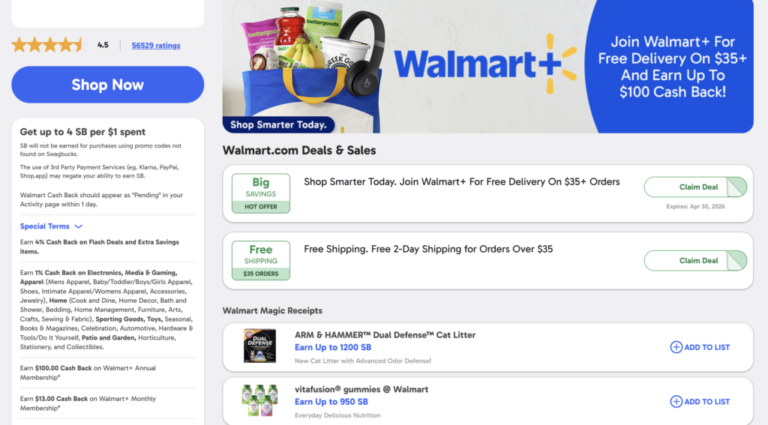 Swagbucks/MP: Get $100-$109 Back With Walmart+ Annual Subscription ($98 Cost)