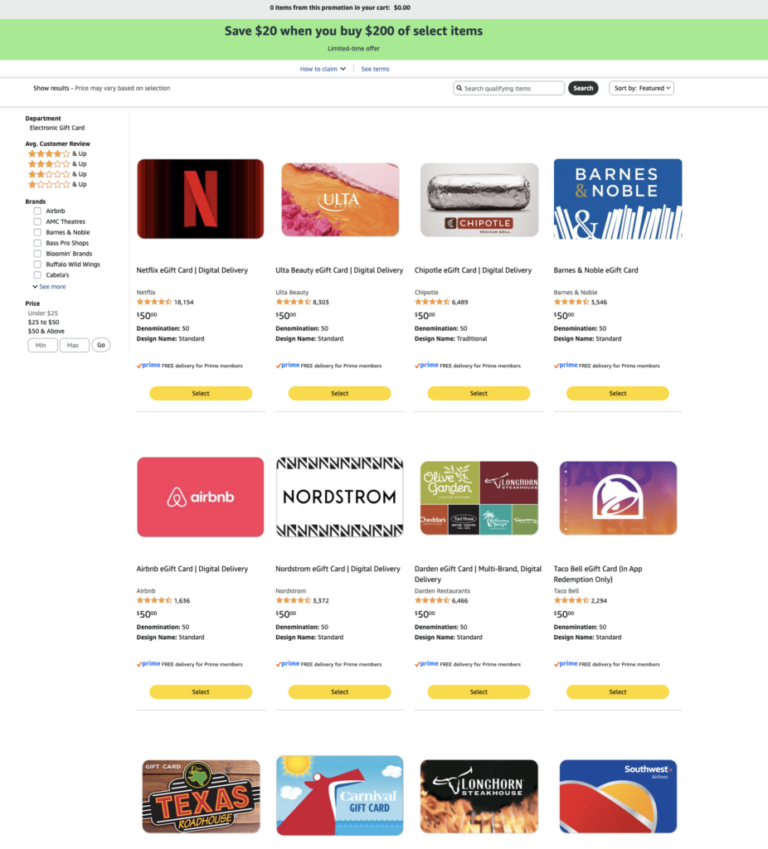 [Not Live; YMMV] Amazon: $200 Select Giftcards For $180 (Netflix, Chipotle, Airbnb, Southwest, Ulta & Many More)