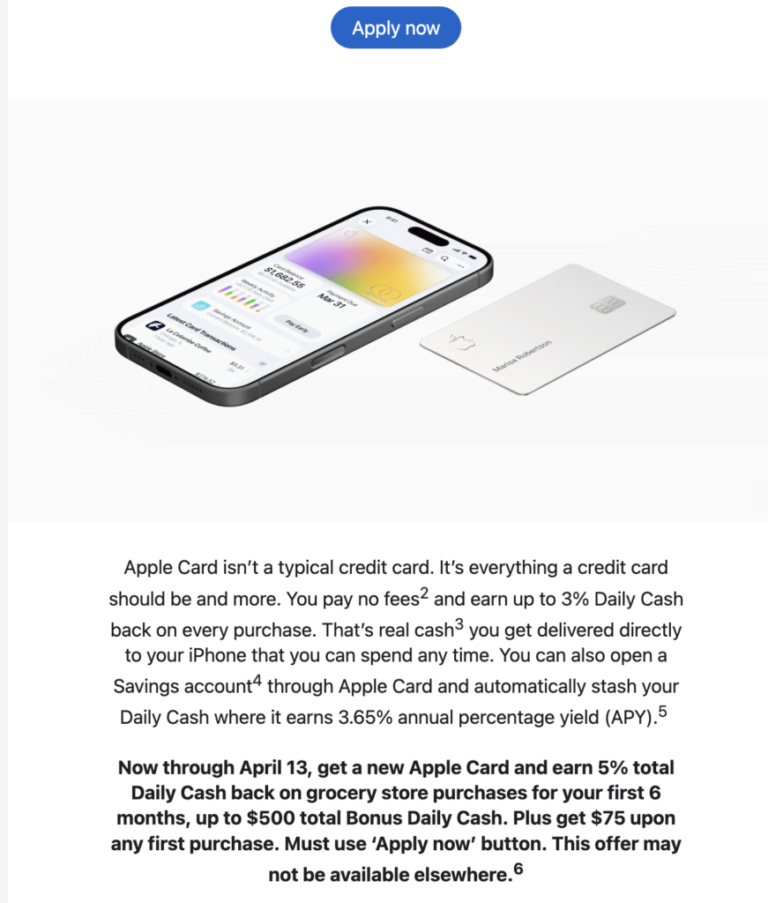 [Targeted] Apple Card Signup Bonus: 5% Back on Grocery, up to $500 Cashback (Plus $75)
