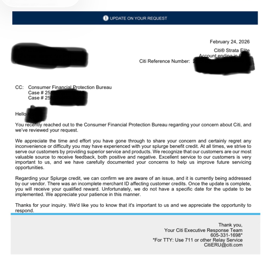 Issue With Product Changed Citi Strata Elite Splurge Credits [Credits Posting]