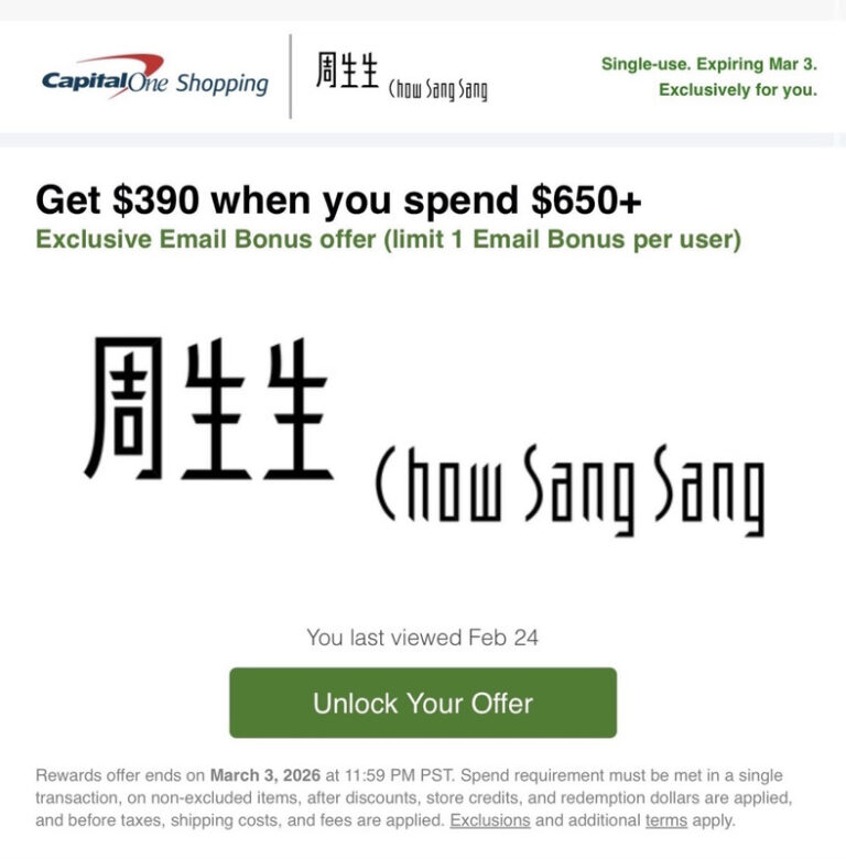 [YMMV] Capital One Shopping: Chow Sang Sang, Spend $650+ & Get $390 Back