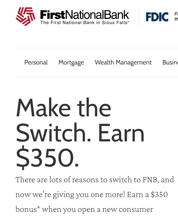 [IA, SD, MN, ND, NE] The First National Bank In Sioux Falls $350 Checking Bonus