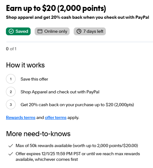 [YMMV] PayPal: 20% Back In Points When You Shop Apparel
