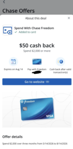 [Targeted] Chase Freedom Spend Offer: Spend $2,000 & Get $50 Back
