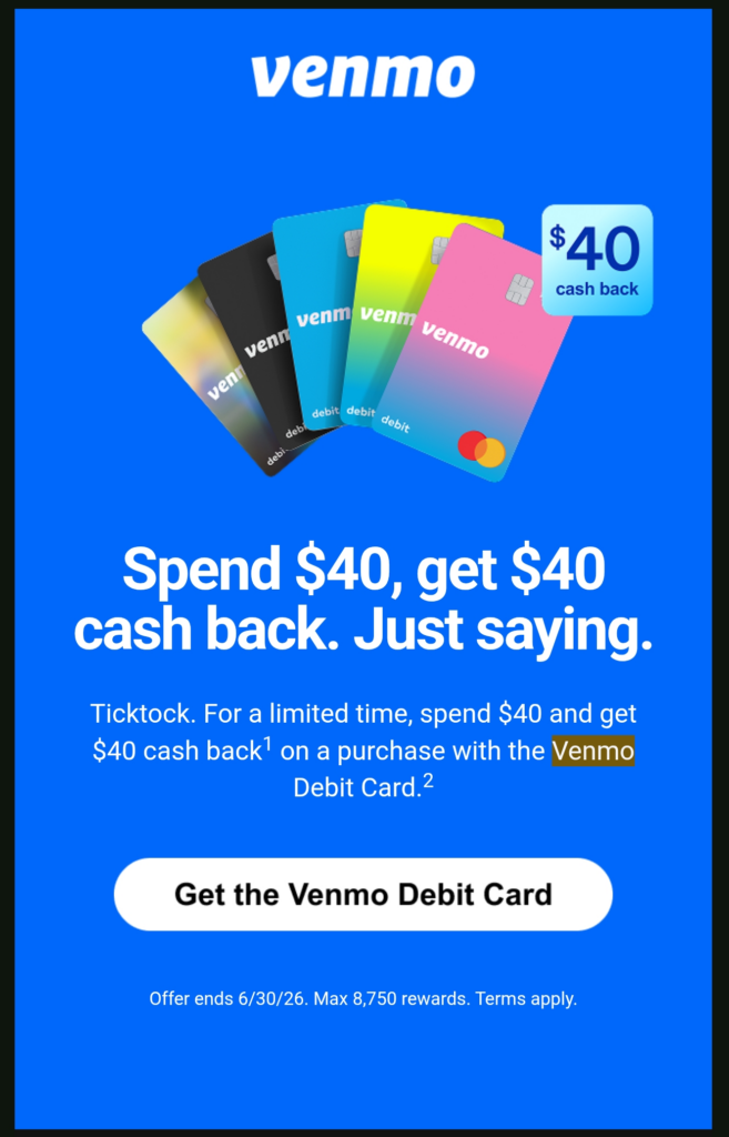 [Targeted] Venmo: Spend $40+ With Debit Card, Get $40 Back