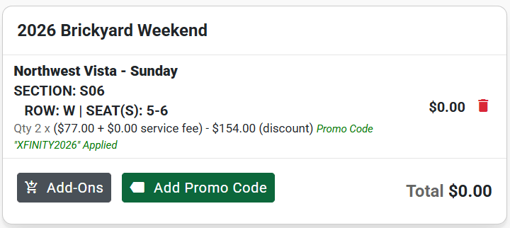 Xfinity Rewards: Get 2 Free Tickets to the 2026 Brickyard 400 NASCAR Race ($154 Value)