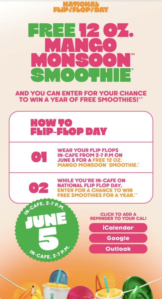 [6/5] Tropical Smoothie Cafe: Free 12oz Mango Monsoon Smoothie When You Wear Flip Flops