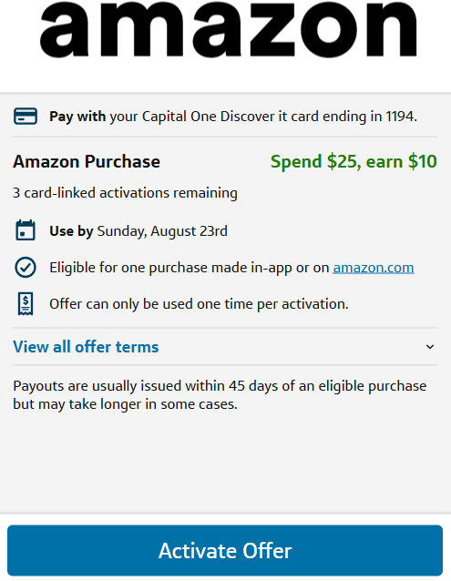 Capital One Discover Cards: Spend $25 on Amazon, Earn $10 Cash Back
