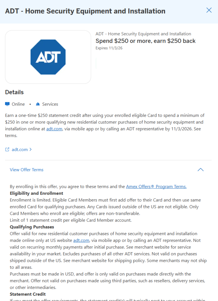 ADT, Spend $250+ & Receive $250 Statement Credit
