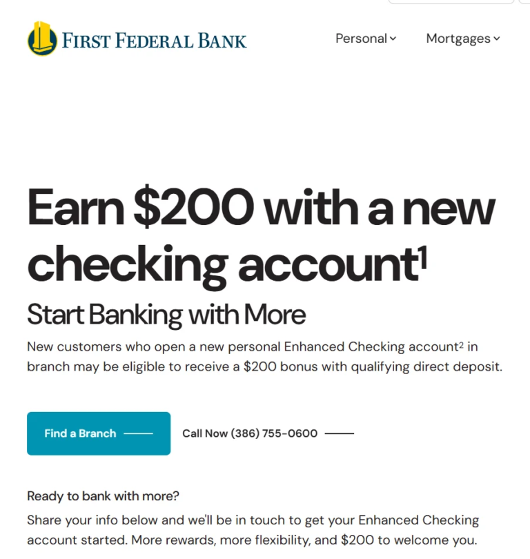 [FL, In Branch Only] First Federal Bank $200 Checking Bonus