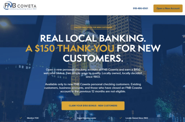 [OK, Coweta In Branch Only] FNB Coweta $150 Checking Bonus, Direct Deposit Not Required