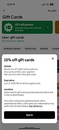 Targeted Uber App Offer: Get 15% Off Uber Gift Cards