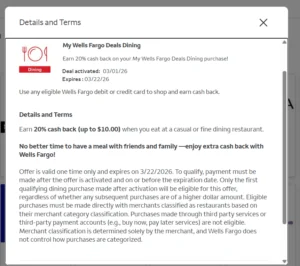 Wells Fargo Deals: 20% Back Dining ($10)