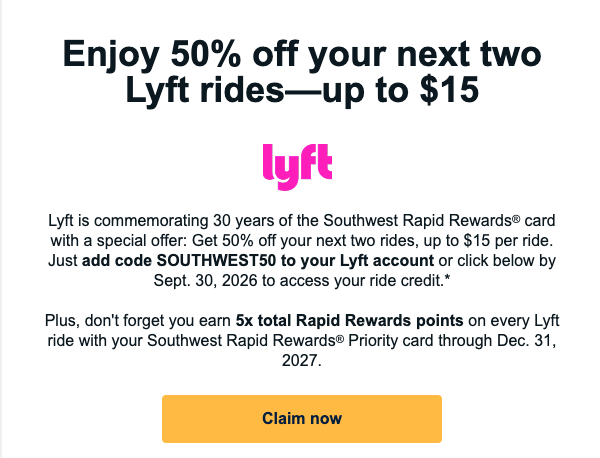[YMMV – Chase Southwest Cardholders] Lyft: 50% Off Your Next Two Rides With Promo Code SOUTHWEST50