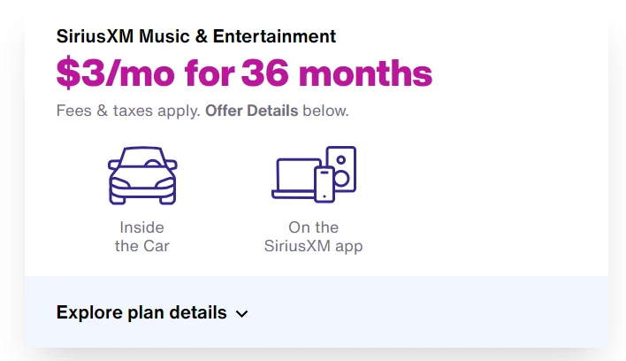 SiriusXM: Music & Entertainment Plan $2.99/Month For 3 Years