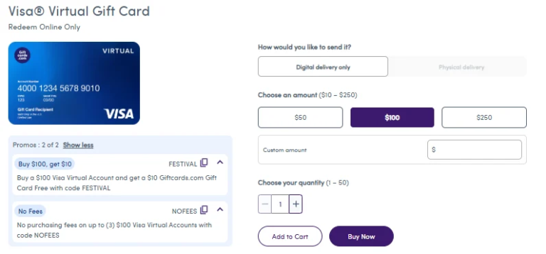 No Fees On Virtual Visa Giftcards With Promo Code NOFEES (Limit 3), $10 Bonus Giftcard With $100+ Purchase With Code FESTIVAL