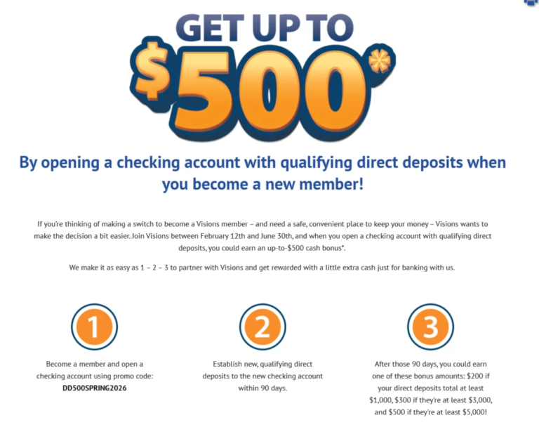 [NY, PA, NJ] Visions Federal Credit Union $500 Checking Bonus